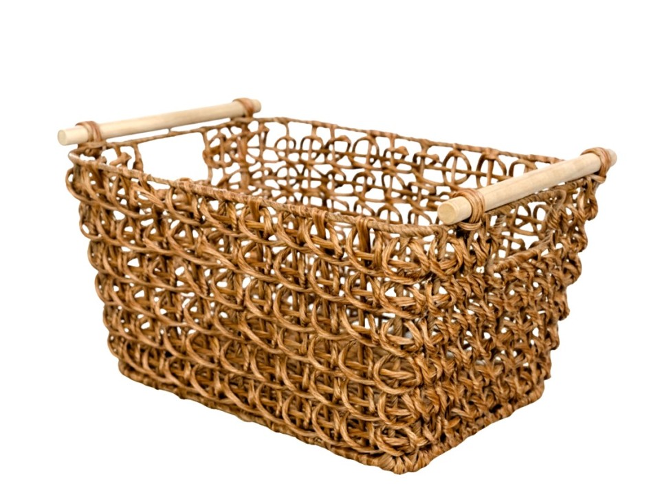 Artisanal Rectangular Twisted PE Resin Loop-Weaving Basket with Wooden Handles